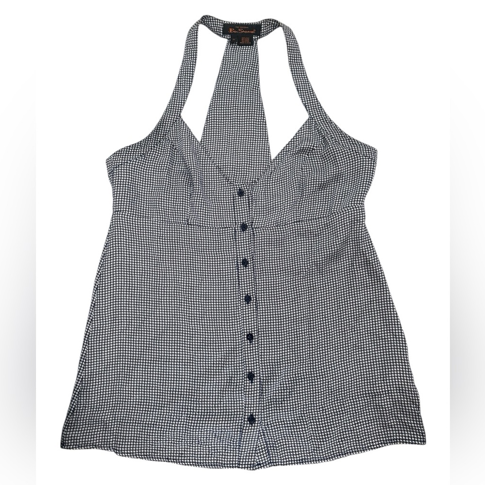 Ben Sherman Blue and White Houndstooth Halter Vintage Silk Tank Top